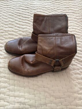 Frye Phillip Brown Leather Harness Ankle Boots with back zipper